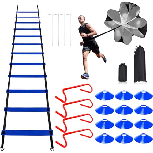 20ft Agility Ladder Training Set with Cones & Hurdles - Blue