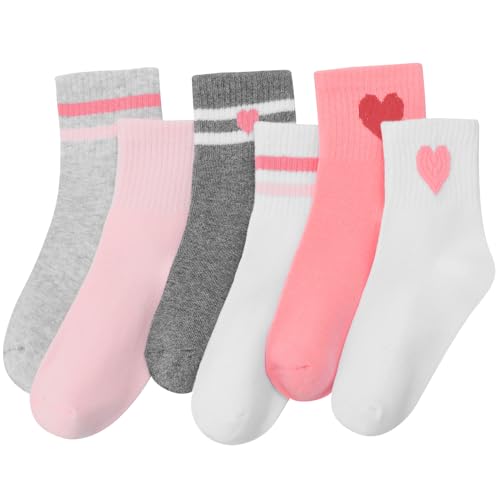 Girls Cotton Crew Socks Set - 6 Pairs with Striped Heart & Bow Patterns - Ages 6-8, Pink White Gray