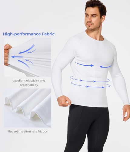 Compression Long Sleeve Shirt for Men - Athletic Base Layer - Large White