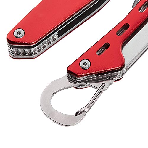 Amazon Basics 10-in-1 Stainless Steel Multitool with Red Aluminum Frame - Pliers, Wire Cutter, Knife, Saw, Screwdrivers, Bottle Opener, Carabiner (10-in-1, Red)
