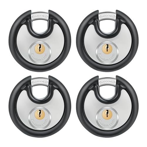 DAYGOS Heavy Duty Padlock with 8 Keys, 70mm Discus Keyed Lock for Storage Shed, Garage, Storage Lockers, Sliding Doors, Tool Box, and Cabinets (4 Pack Keyed-Alike, 3/8-Inch Shackle, Rubber Bumper)