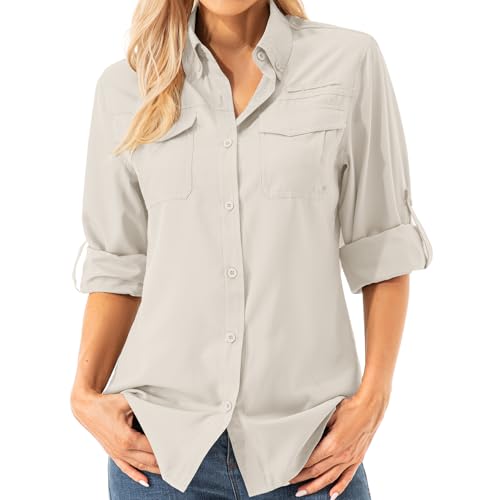 Jessie Kidden Women's SPF Sun Safari Long Sleeve Quick Dry Hiking & Fishing Shirt - Small Light Khaki