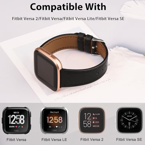 Genuine Leather Replacement Band for Fitbit Versa 2 - Black