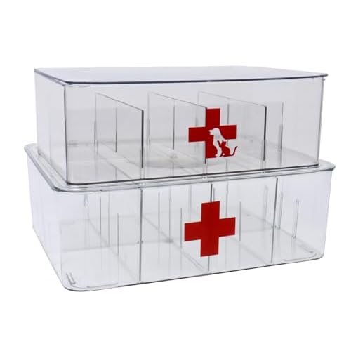 First Aid Box and Pet Frist Aid Storage Bin, Acrylic Medicine Kit Case Organizer Empty, Divided First Aid Storage Box Kit with Hinge Lid, Emergency Kit Storage Box for Family and Pet (Clear)