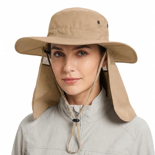 Wide Brim Sun Hat for Men & Women with Neck Flap - Khaki