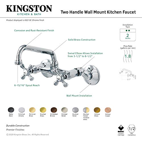 Kingston Brass KS213ORB Victorian Two Handle Wall Mount Kitchen Faucet, 7-Inch, Oil Rubbed Bronze