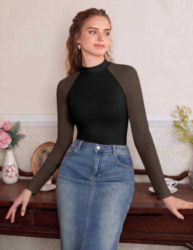 Women's Fitted Sheer Mesh Long Sleeve Lace Turtleneck Shirt - Black, Medium