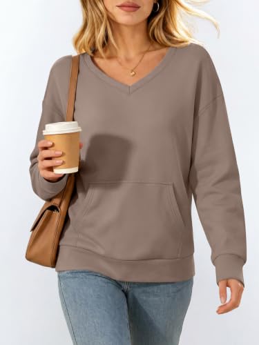 V-Neck Fleece Sweatshirt with Pockets - Large, Light Brown