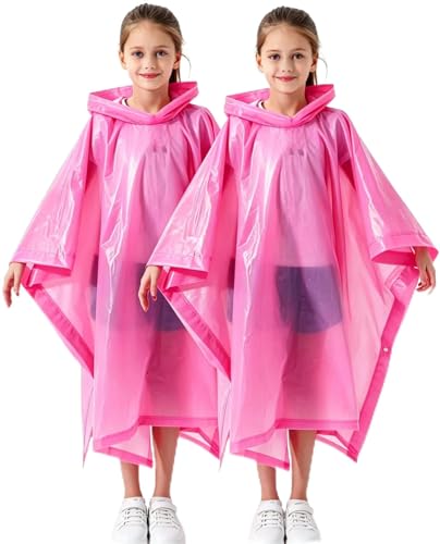 Kids Raincoats 2 Pack - Reusable Pink Rain Ponchos for Boys & Girls