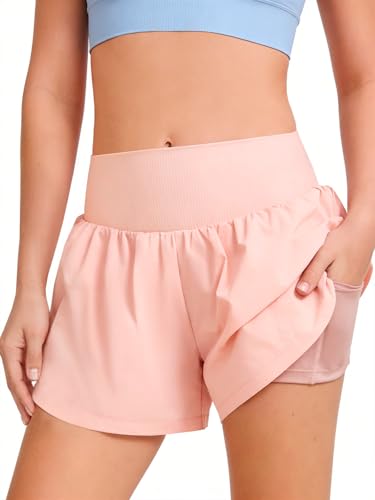 Girls High Waisted 2-in-1 Athletic Shorts Pink 11-12 Years by Haloumoning