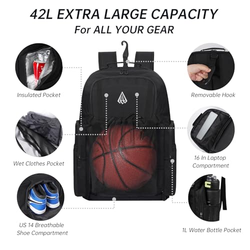 Gemgoal Black Extra Large Basketball Bag with Size 14 Shoe Pocket & Detachable Mesh - New Black