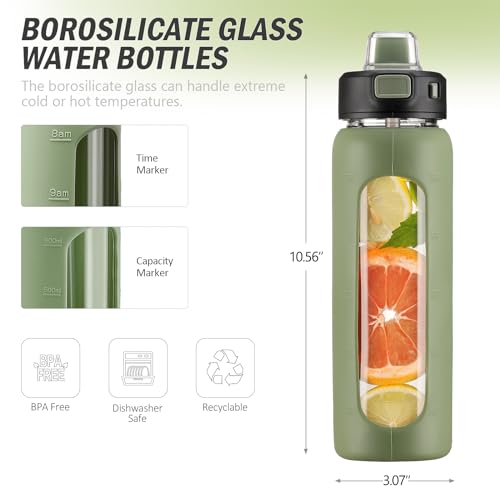 Glass Water Bottle with Straw & Handle - 24 oz Olive