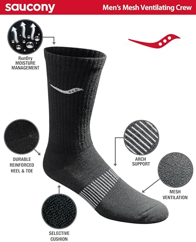 Saucony RunDry Mesh Ventilating Comfort Fit Crew Socks Large/Black (12 Pairs)
