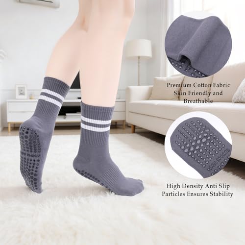 Striped Pilates Crew Socks with Grips for Women - 4 Pairs - Black White Gray