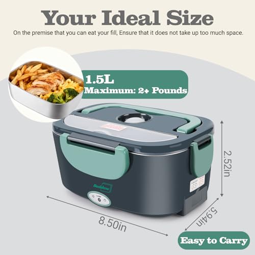 Green Electric Heated Lunch Box 100W Fast Heating 1.5L Food-Grade Stainless Steel Portable Food Warmer for Car Office