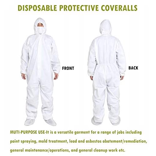 SYINE Pack of 5 Disposable Protective Coverall with Hood, Elastic Cuff for Spray Painting Cleaning Work,Breathable & Durable