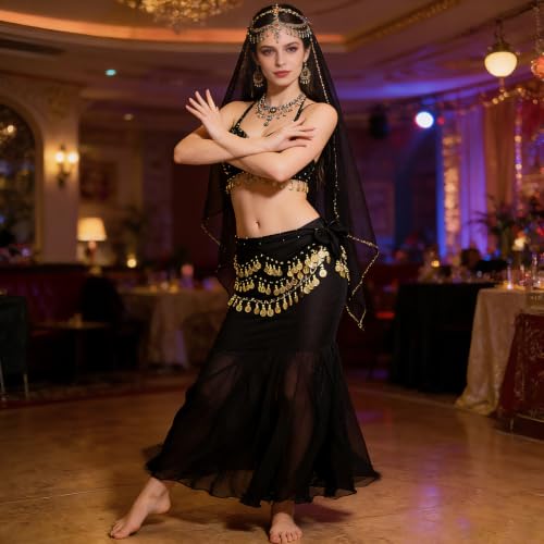 Belly Dance Hip Scarf with 128 Coins - Black Tie Waist Wrap