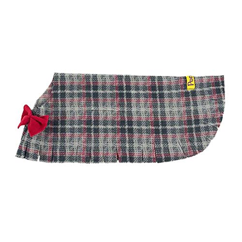 Fleece Dog Poncho - Grey Plaid with Bow, Small
