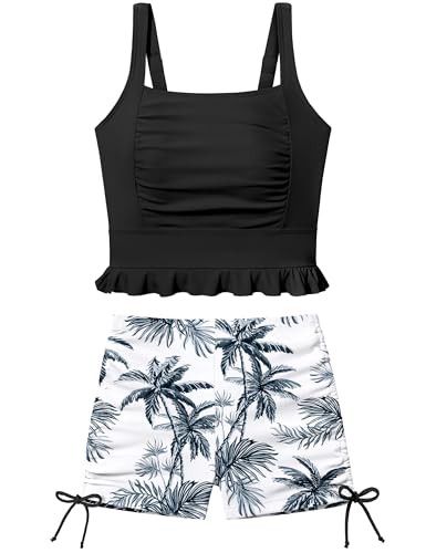 Girls' Ruffle Trim Two-Piece Swimsuit with Drawstring Shorts - 9-18Y