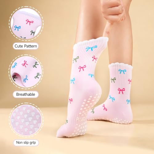 Pilates Grip Socks for Women - Non-Slip Cotton Yoga Socks - 6 Pairs Pink+Blue+Yellow