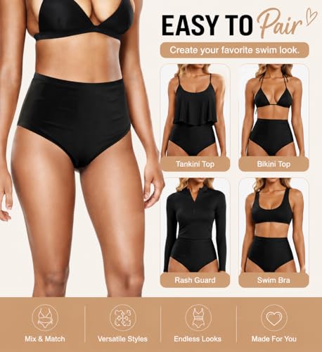 Zmart Women's High Waisted Bikini Bottom - Black, Medium, Full Coverage Tummy Control