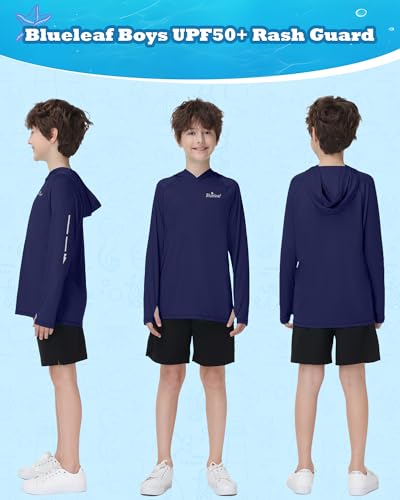Boys Rash Guard Long Sleeve Hoodie - UPF 50+ Sun Protection, Navy, Large