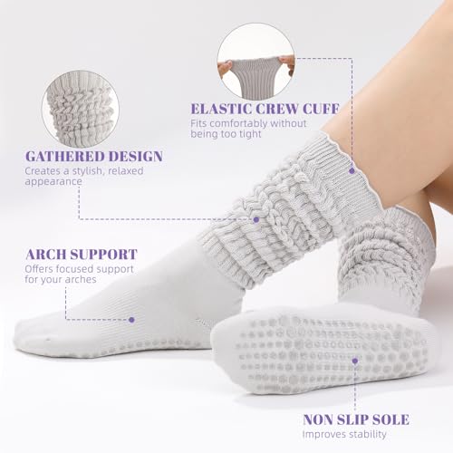 Anti-Slip Pilates Socks with Grips - Ruffle Yoga Crew Socks - Black White Gray Purple