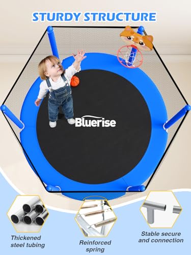 55IN Kids Trampoline with Enclosure, Basketball Hoop & Swing - Blue
