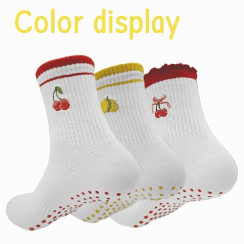 Non-Slip Pilates Grip Socks for Women - Yoga Barre Crew Socks - Cherry