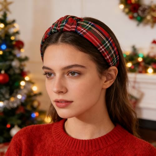 Red Plaid Knotted Christmas Headband for Women - Holiday Hair Accessory