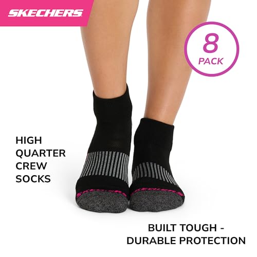 Skechers Women's 8-Pack Work Collection Crew Socks with Extra Cushion & Mesh Ventilation, Size 9-11, Black/Pink Glo/Bluefish