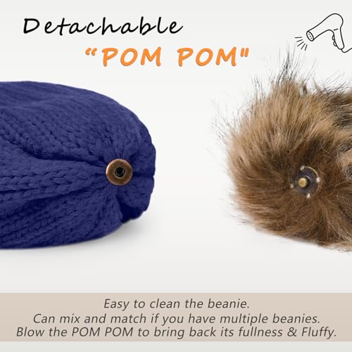 Women's Winter Knitted Beanie Hat with Faux Fur Pom - Navy Blue