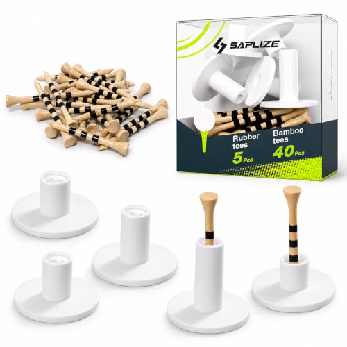 Golf Mat Tee Set - 5 Pack Rubber Tees & 40 Bamboo Tees - White