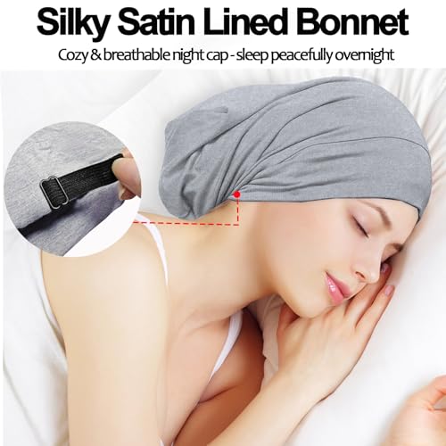 Roybens Satin Lined Sleep Cap Bonnet - Adjustable Satin Bonnet, 2pc (Black + Light Gray) Medium