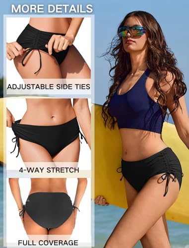 Mid Waist Bikini Bottoms - Full Coverage Swim Shorts - Black Medium