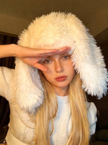 Y2K Fuzzy Bunny Hat for Women – White One Size Beanie with Ears (Henwasai)