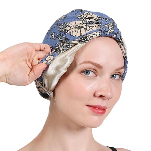 Satin Lined Chemo Turban Beanie Head Wrap - Blue & Floral