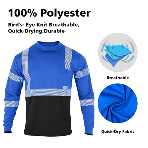 VENDACE Safety T Shirts Reflective High Visibility 3 Pack Hi Vis Long Sleeve Construction Work Shirts for Men (Royal Blue,M)