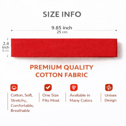 Soft Cotton Stretchy Headband - Non-Slip Sweat Band - Red