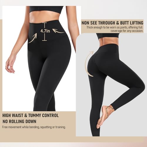 High Waisted Leggings for Women - Full Length, Tummy Control, Large/X-Large - Black