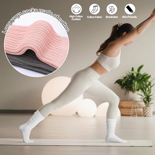 Women’s Slouch Pilates Socks with Grips - 4 Pairs, Black+White+Pink+Dark Gray