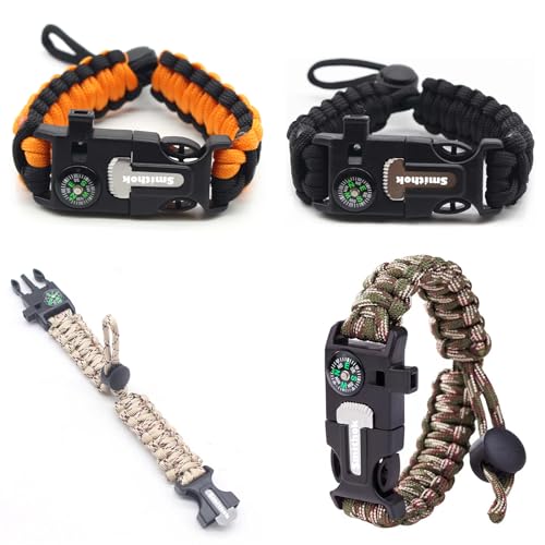 5-in-1 Survival Paracord Bracelet - Adjustable with Whistle, Compass, Fire Starter - 4-Pack Multi-Color