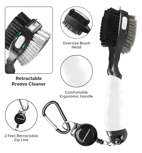 Golf Club Brush Set - 2 Pack Retractable Cleaner with Spike, Black & White