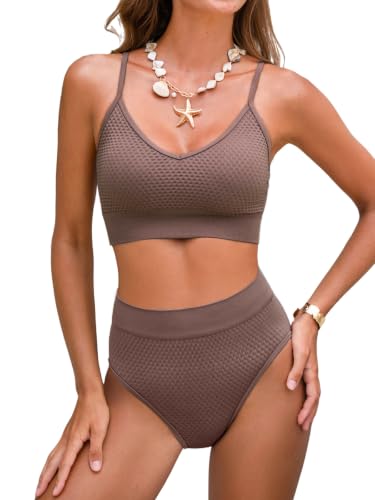Cupshe Women's Bikini Set Two-Piece Sporty Textured Swimwear Taupe Brown Medium