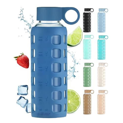 purifyou 12oz Borosilicate Glass Water Bottle with Time & Volume Markers, Silicone Sleeve, Stainless Steel Lid, for Water & Juice – Chinese Porcelain Variant