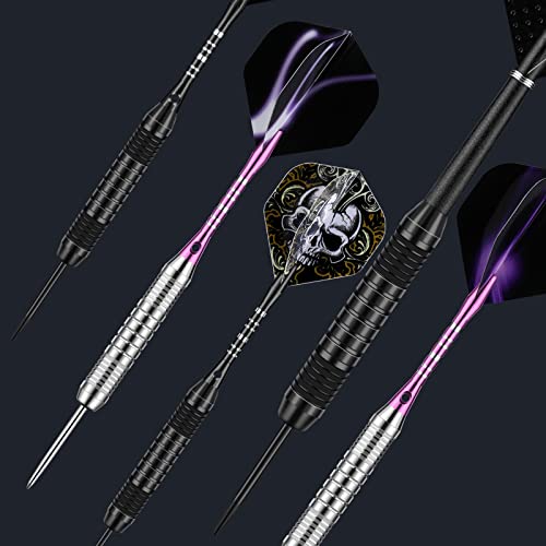 DARTSPACE 12 Pack Black & Purple Metal Tip Darts Set 22/24g with Aluminum Shafts