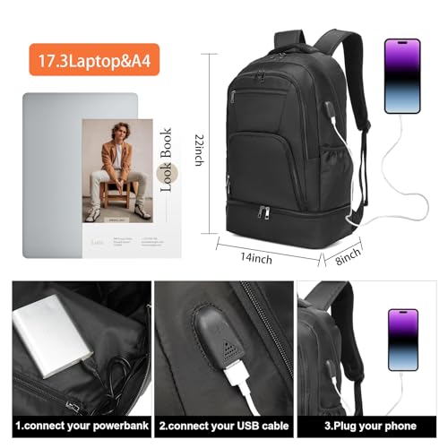 Seyfocnia Black 22-inch Gym Backpack with Expandable Shoe Compartment & Water-Resistant Fabric