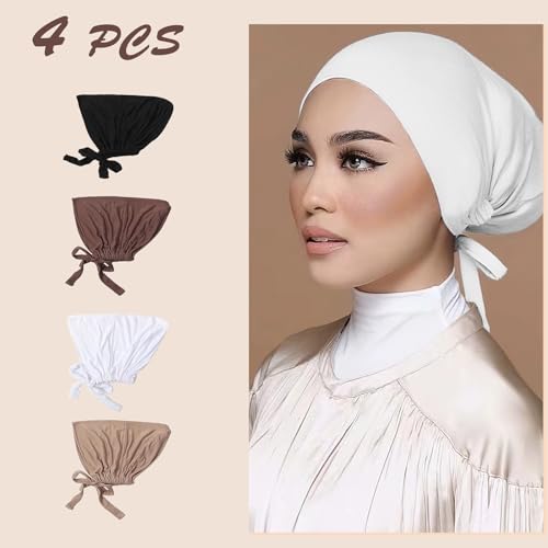 OPUHOHR 4 Pack Women Turban Under Caps - Soft Modal Hijab Undercaps with Ties