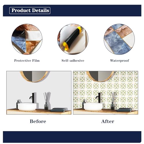 AMAZINGWALL Home Kitchen Backsplash Tile Squares Maile Leaf & Pikake Lei Peel and Stick Waterproof Bathroom Countertop Self Adhesive Decoration Mural Wall Sticker 4x4/pcs 24PCS