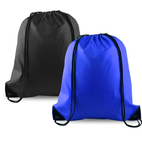 2 Pack Drawstring Backpacks - Durable Polyester Gym & Travel Bags - Black+Blue